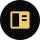 Yellow icon with abstract shapes on black.