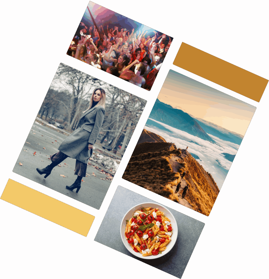 Collage: party, fashion, landscape, food.