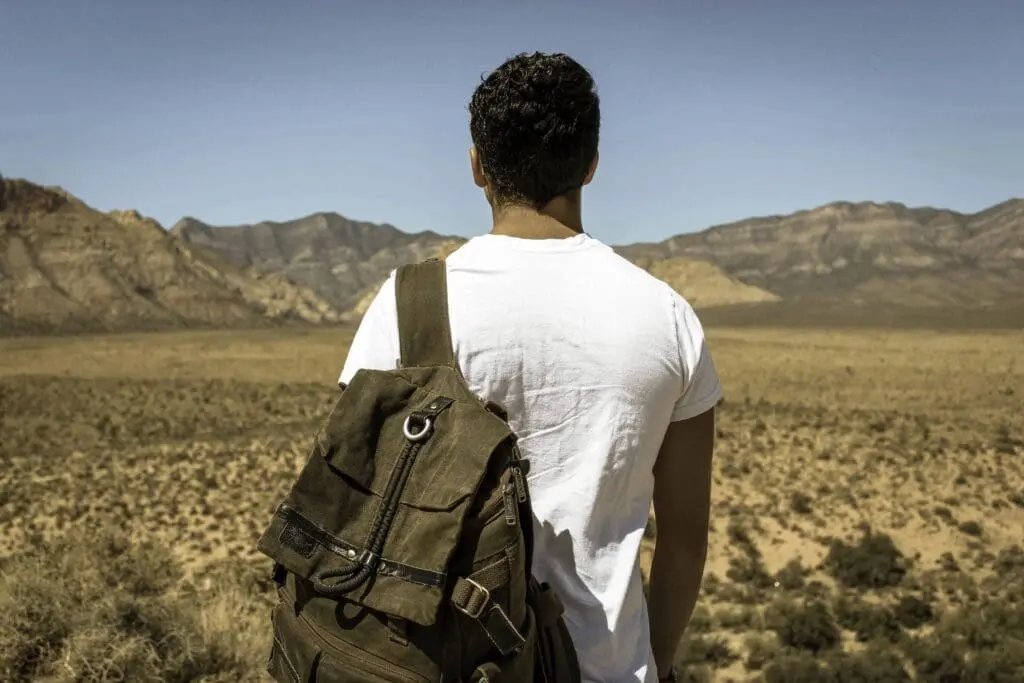 Man with backpack facing desert landscape.