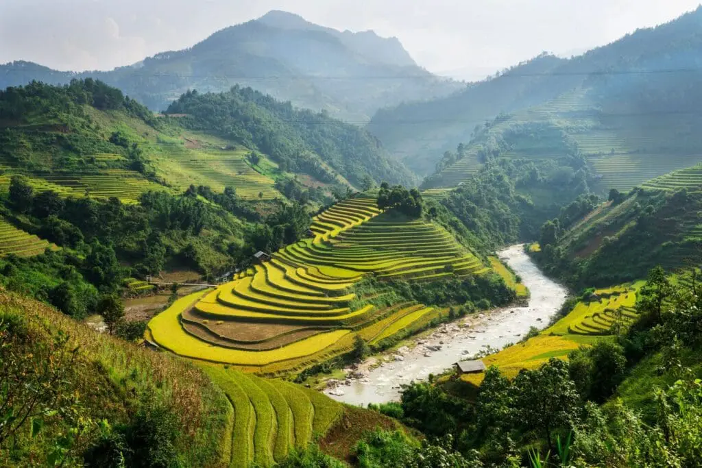 Terraced rice fields with river and mountains.