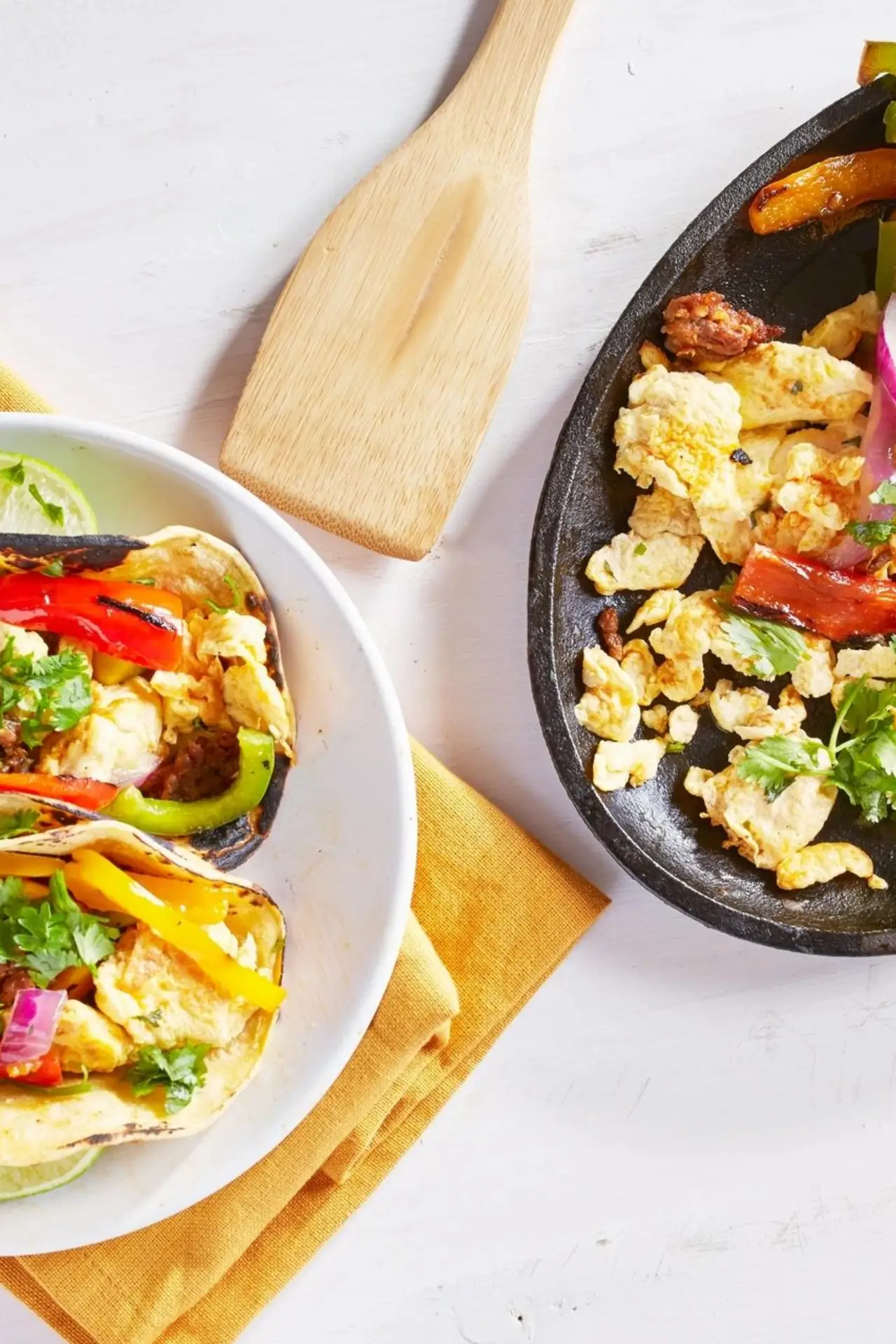 Tacos and scrambled eggs with vegetables.