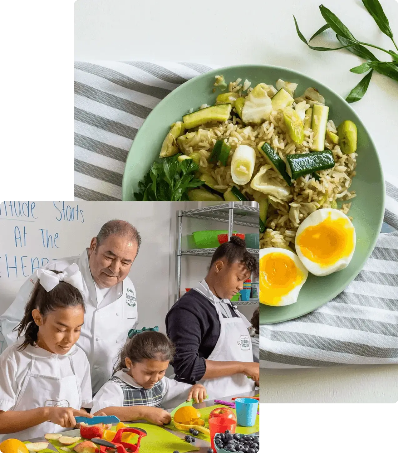Children and chef cooking with rice and eggs